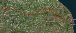 A map of the cycle route from The Queen Elizabeth Hospital in King's Lynn to the James Paget University Hospital in Great Yarmouth