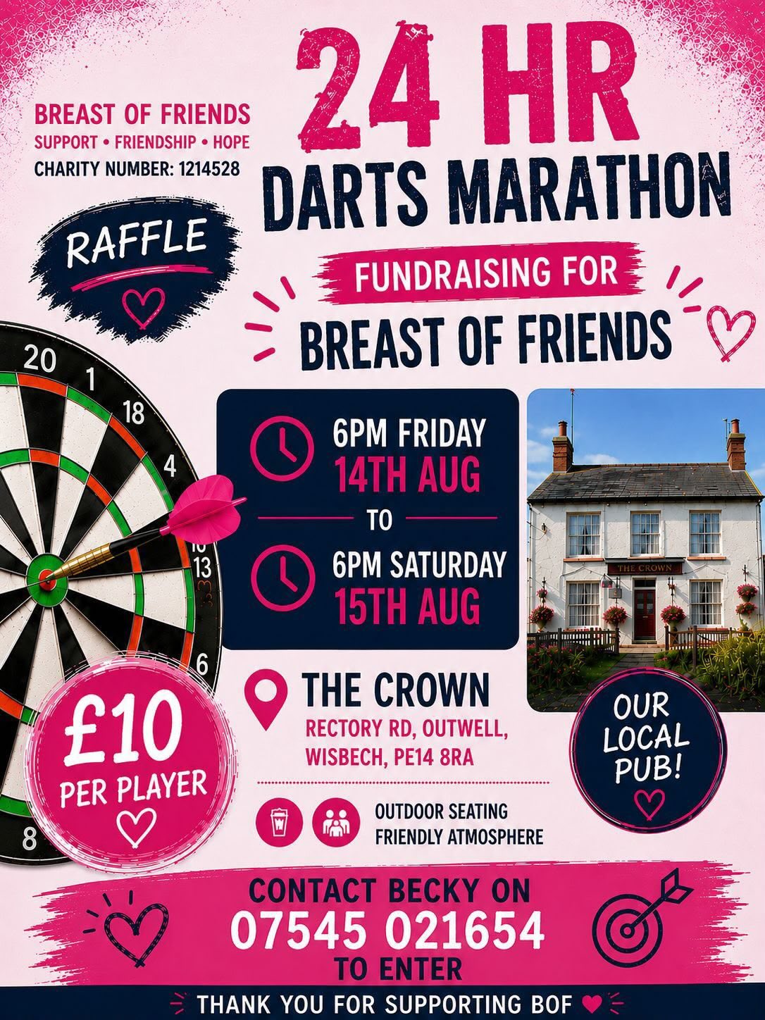 725633387_1213046704212893_3691908082581323777_n Fundraising poster for a "24 HR Darts Marathon" in aid of Breast of Friends charity. The poster uses a pink, white and navy colour scheme and features a large dartboard on the left with a pink dart hitting the bullseye. Header text reads: "Breast of Friends – Support • Friendship • Hope. Charity Number: 1214528." Main headline: "24 HR Darts Marathon – Fundraising for Breast of Friends." Additional text highlights a raffle taking place during the event. Event timings: From 6pm Friday 14th August to 6pm Saturday 15th August. Venue: The Crown, Rectory Road, Outwell, Wisbech, PE14 8RA. A photograph of The Crown pub appears on the right-hand side alongside the text: "Our Local Pub!" Entry cost: £10 per player. The poster advertises outdoor seating and a friendly atmosphere, accompanied by icons representing refreshments and social gathering. To enter, contact Becky on 07545 021654. Decorative heart illustrations appear throughout the poster, along with a darts target icon. The footer reads: "Thank you for supporting BOF."