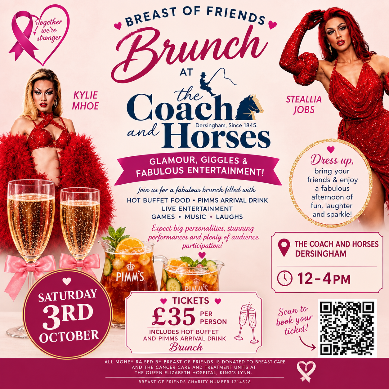 Pink Breast of Friends charity poster promoting a brunch at The Coach and Horses, Dersingham, on Saturday 3 October, 12pm to 4pm. Tickets are £35 per person and include a hot buffet and Pimm’s arrival drink. The event features live entertainment, games, music and audience participation. Money raised supports the Breast Care and Cancer Care & Treatment Units at The Queen Elizabeth Hospital, King’s Lynn.
